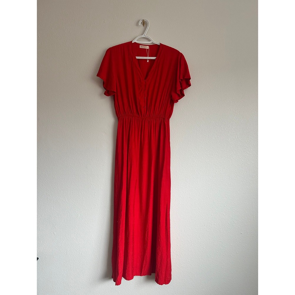 Marine Layer Red Flutter Sleeve V-Neck Elastic Waist Maxi Dress Womens Small